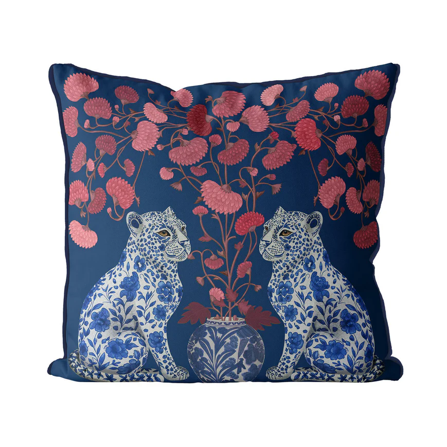 Chinoiserie Leopard Twins Cushion Pillow Choice of Luxury Velvet / Cotton / Outdoor