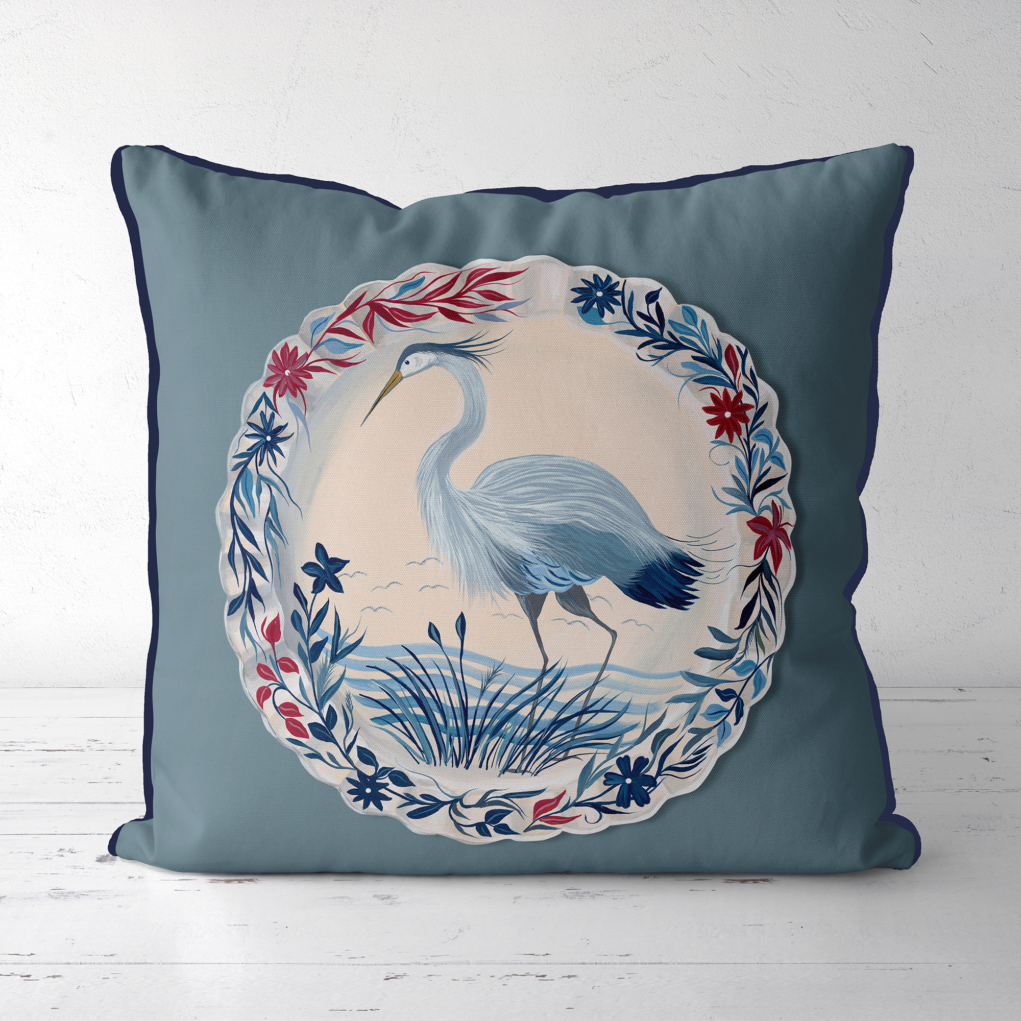 The Aviary Table Blue Heron Cushion Cover Choice of Cotton or Luxury Velvet