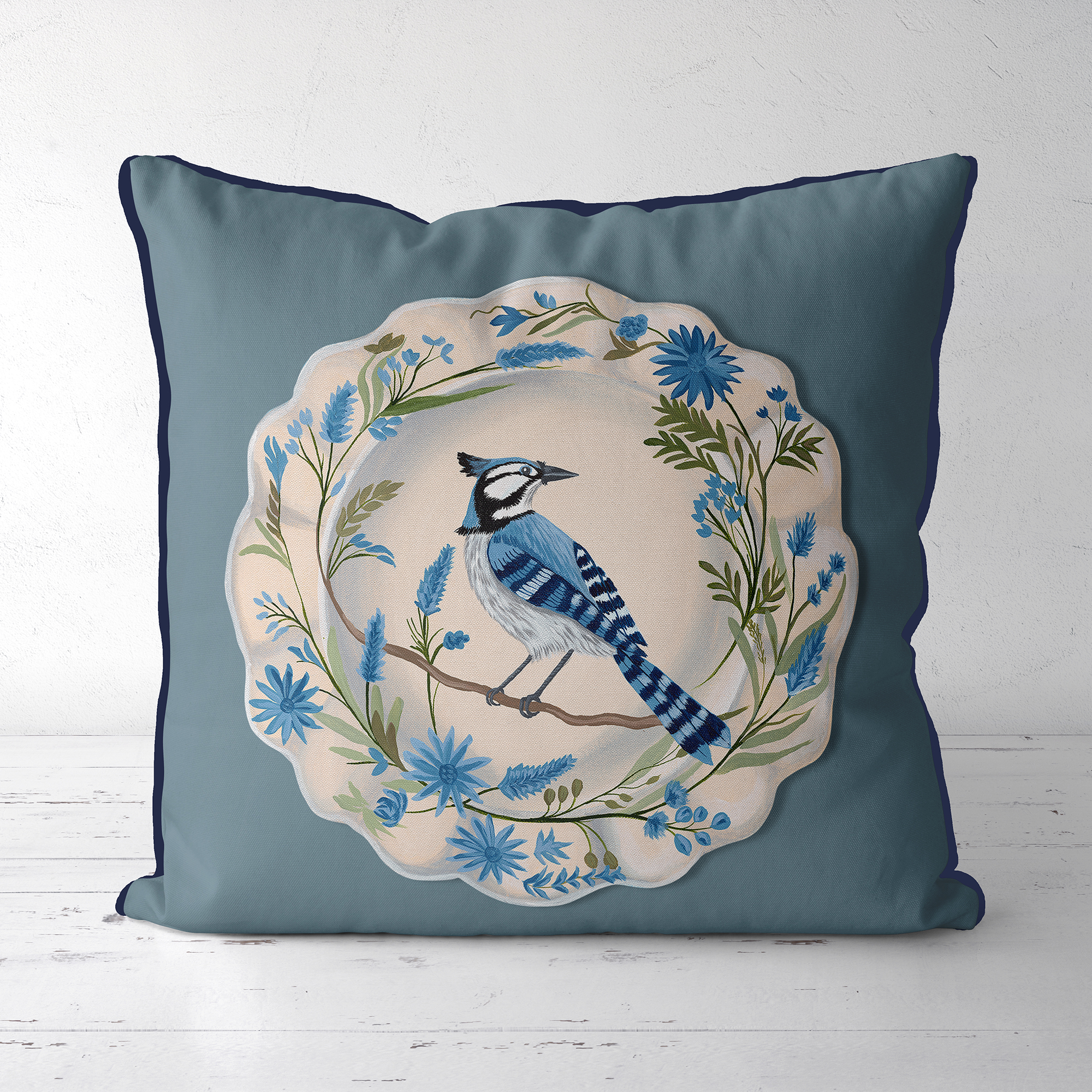 The Aviary Table Blue Jay Cushion Cover Choice of Cotton or Luxury Velvet
