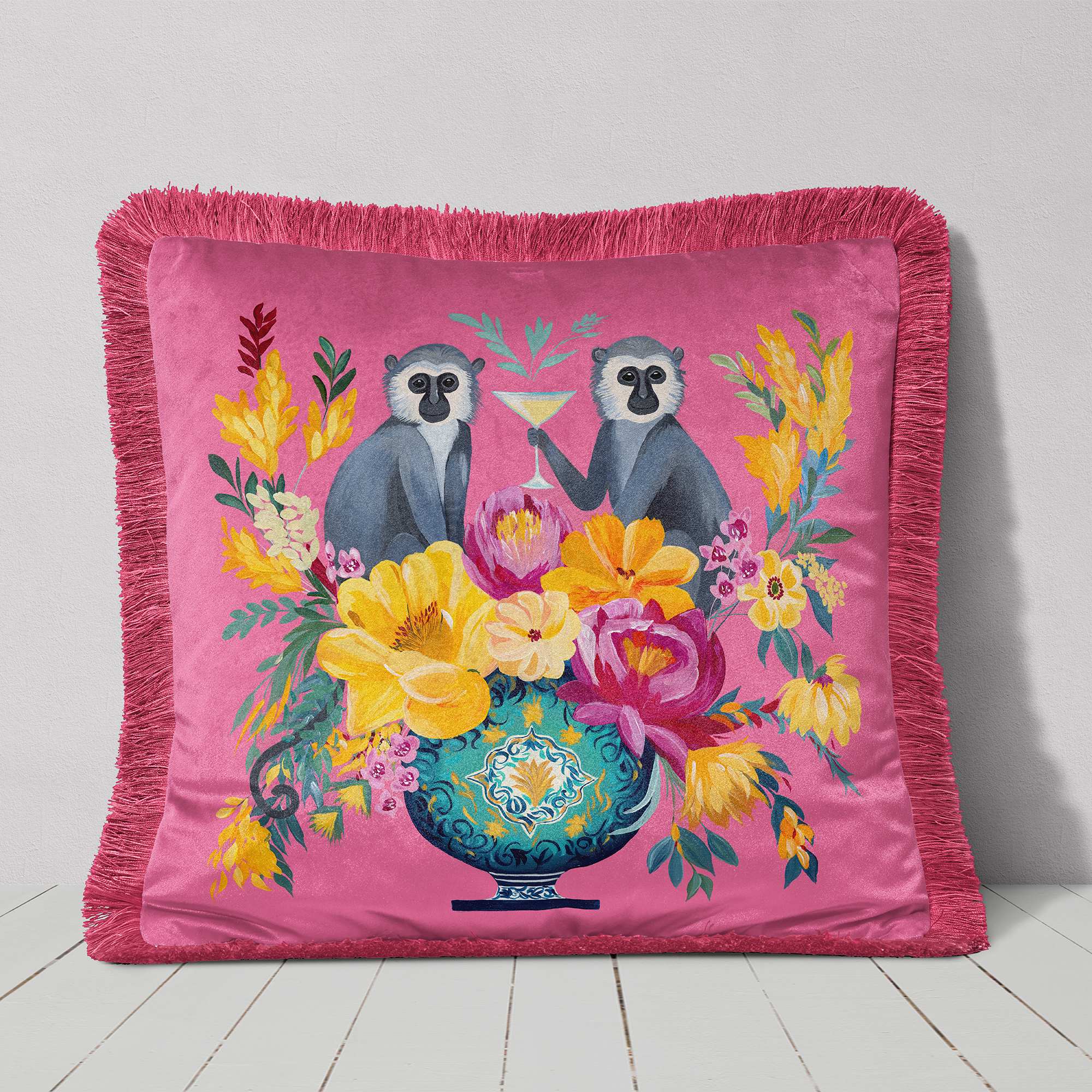Monkey Lemon Fizz Cushion Cover Choice of Cotton or Luxury Velvet - Image 2