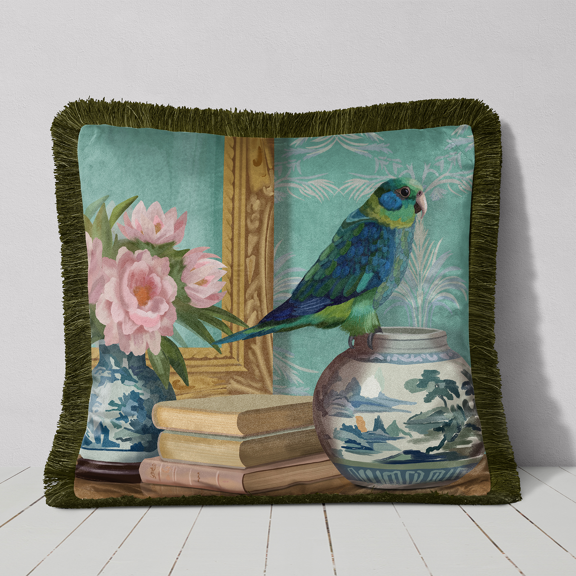 Parlour Parrot Vase Cushion Cover Choice of Cotton or Luxury Velvet - Image 2