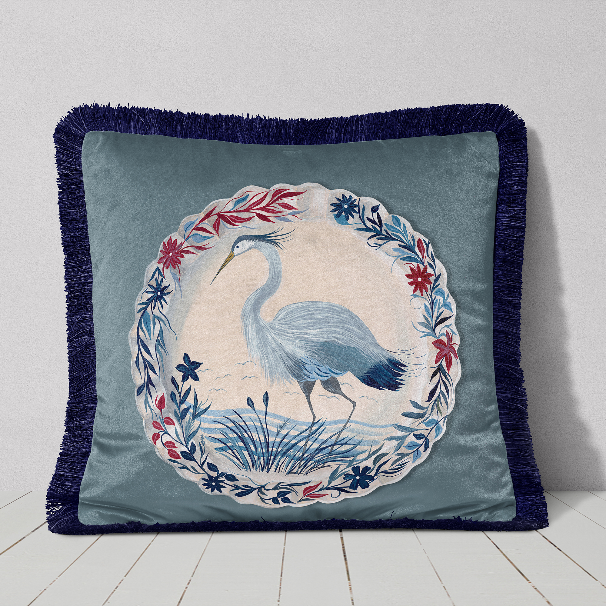 The Aviary Table Blue Heron Cushion Cover Choice of Cotton or Luxury Velvet - Image 2
