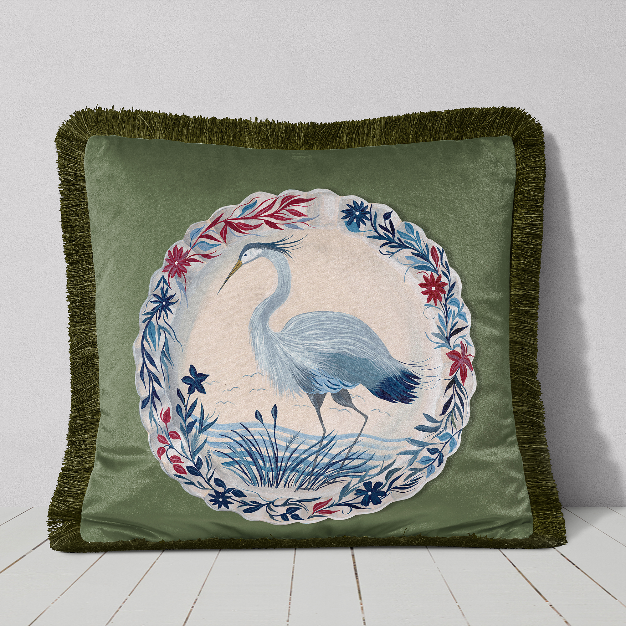 The Aviary Table Blue Heron Cushion Cover Choice of Cotton or Luxury Velvet - Image 4
