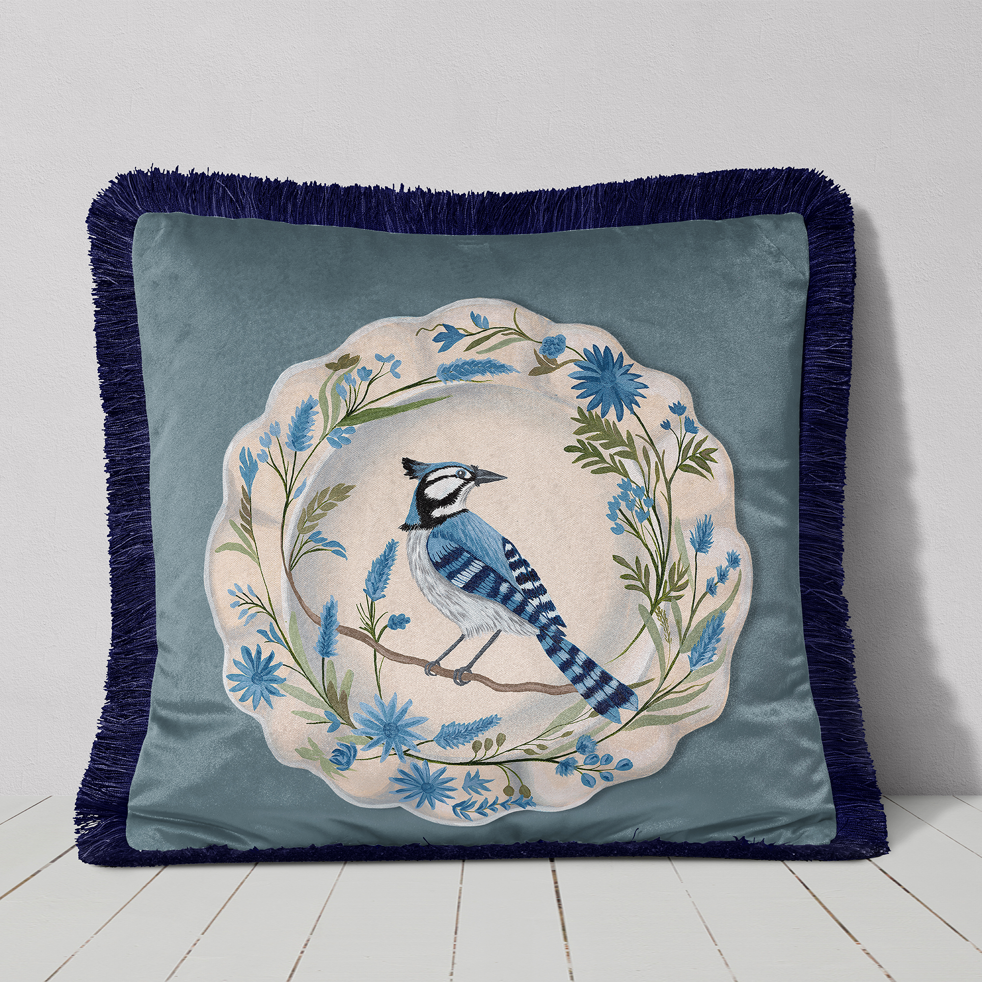 The Aviary Table Blue Jay Cushion Cover Choice of Cotton or Luxury Velvet - Image 2