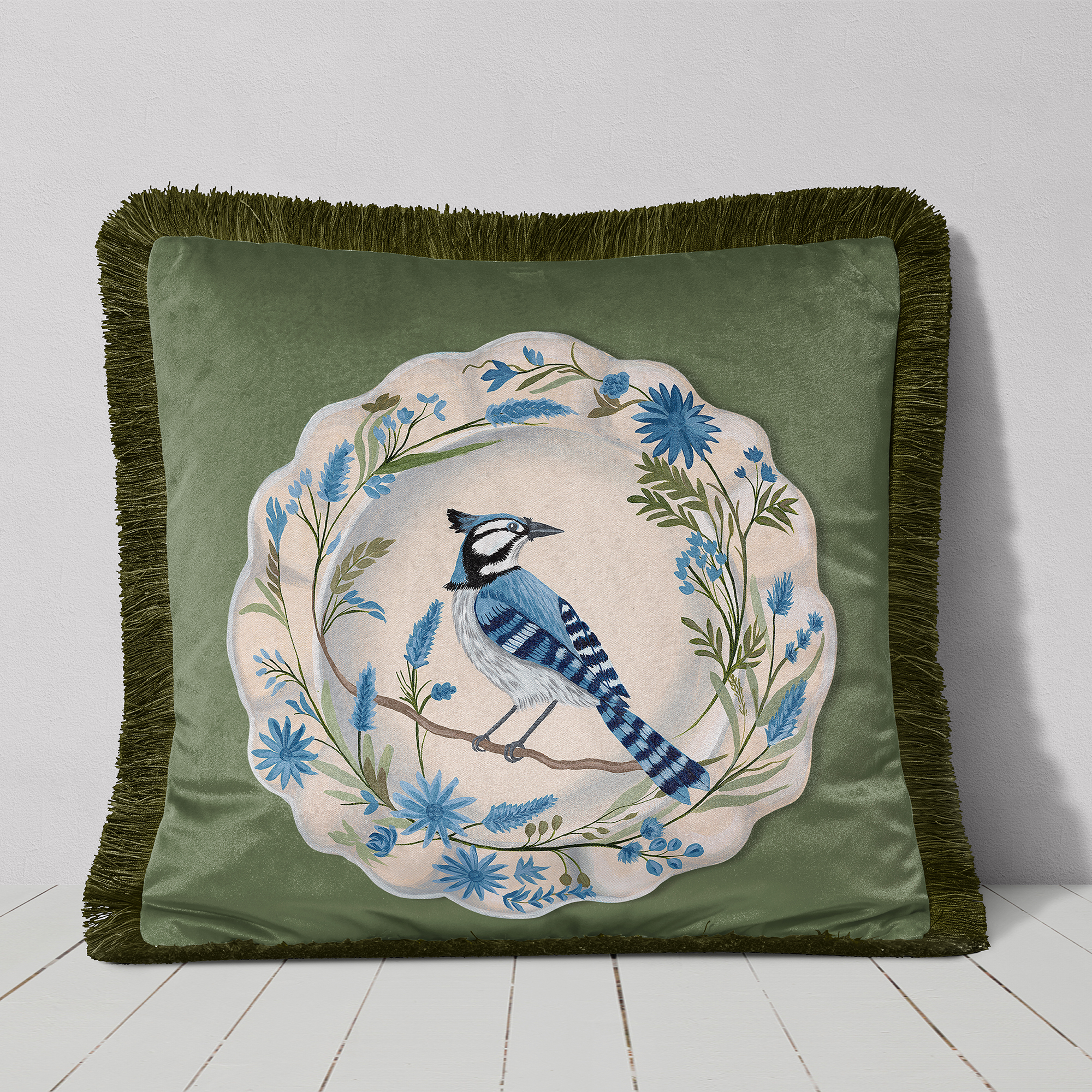 The Aviary Table Blue Jay Cushion Cover Choice of Cotton or Luxury Velvet - Image 4