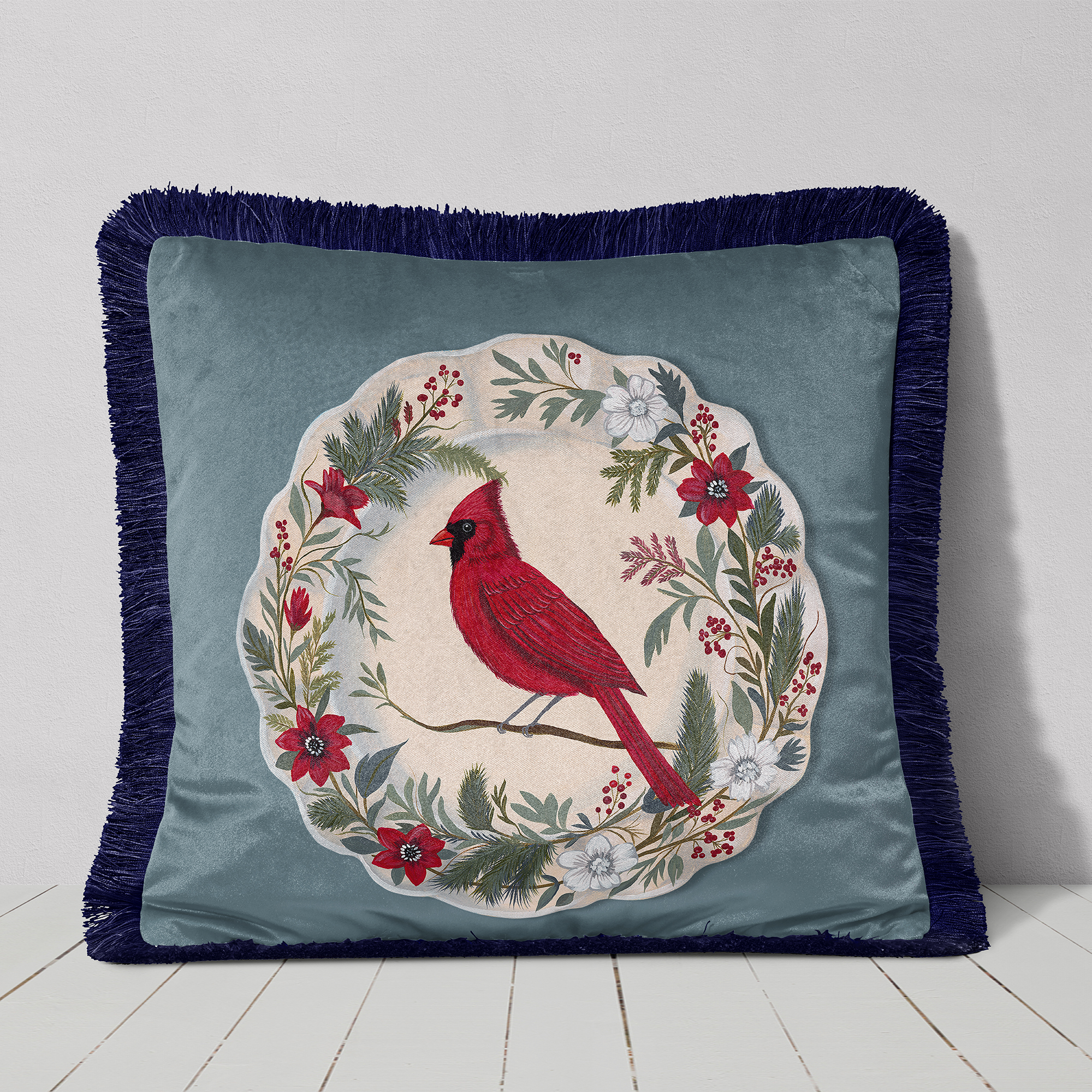 The Aviary Table Red Cardinal Cushion Cover Choice of Cotton or Luxury Velvet - Image 2