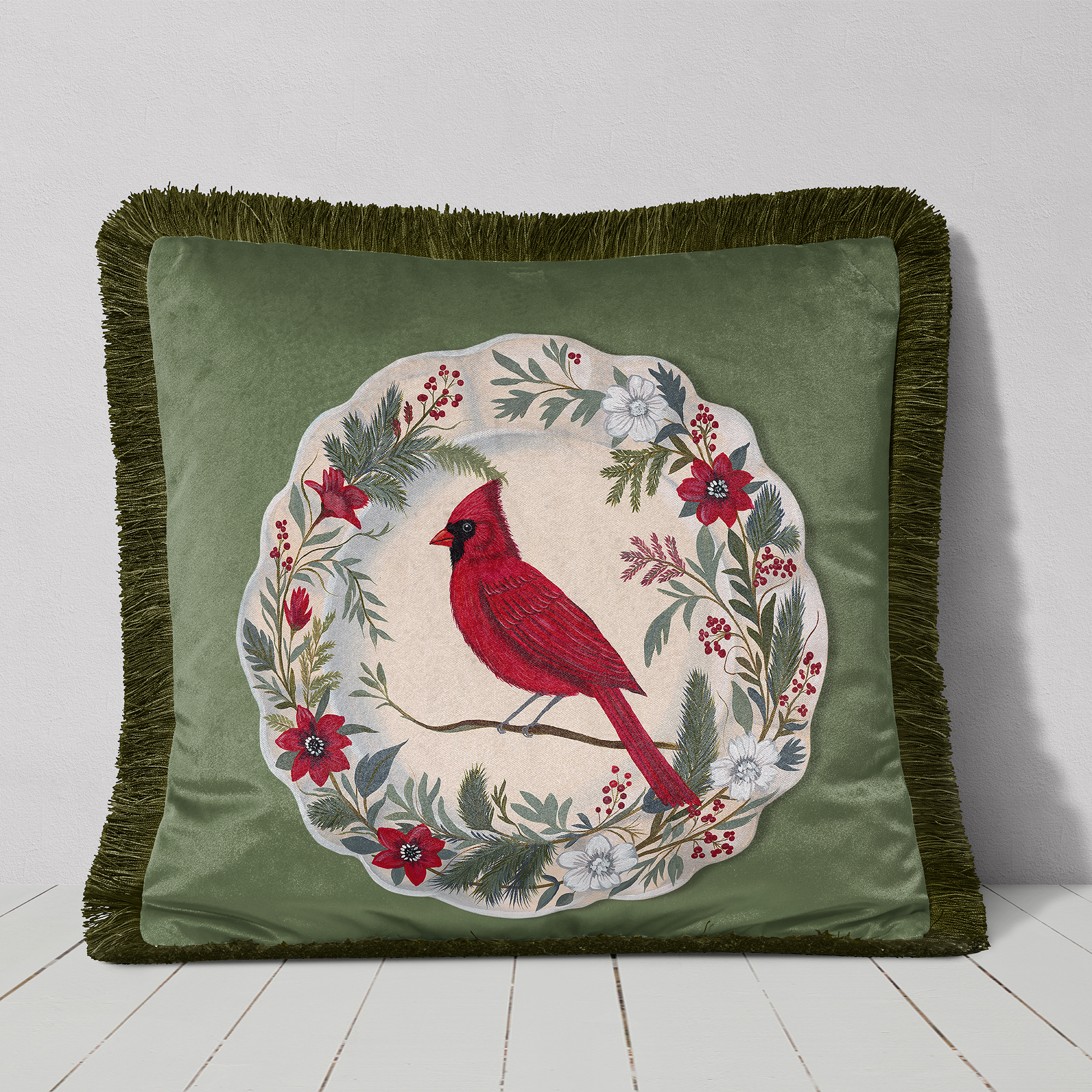 The Aviary Table Red Cardinal Cushion Cover Choice of Cotton or Luxury Velvet - Image 4