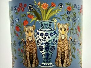 Chinoiserie Lampshade, Leopard Bouquet Twins on Blue