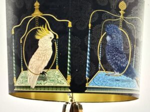 Parrots on swings, Charcoal, Gold lined