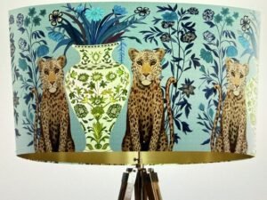 Chinoiserie Lampshade, Leopard Bouquet Twins on Aquamarine