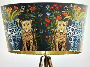 Chinoiserie Lampshade, Leopard Bouquet Twins on Charcoal