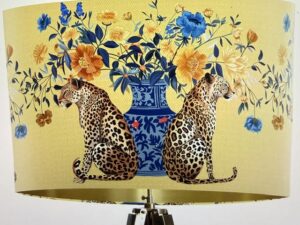 Chinoiserie Lampshade, Leopard with Blue Vase on Gold
