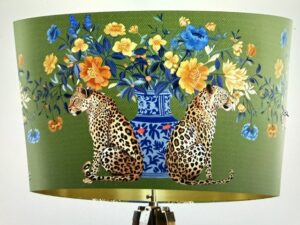 Chinoiserie Lampshade, Leopard with Blue Vase on Green