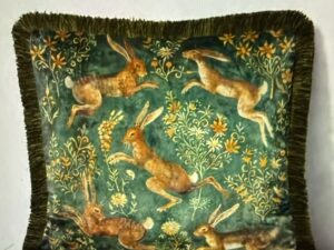 Hare Husk Green Luxury Fringed Velvet Cushion