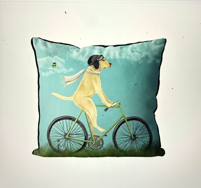 Yellow Labrador on Bicycle, Cushion Cover