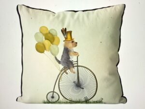 Yorkshire Terrier on Penny Farthing, Cushion Cover